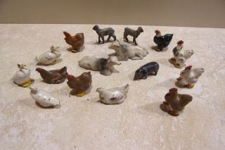 Vintage Cast Metal Farm Animals Miniature Chickens Roosters Pig Cows Sheep Duck