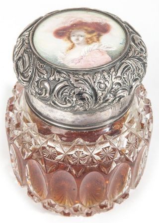 Antique Rare Sterling Silver Lid Crystal Perfume Bottle With Porcelain Insert