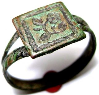 Ancient Medieval Bronze Finger Ring With Flower On Bezel.