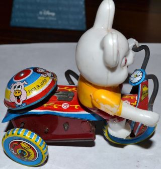 VTG TIN TOY WIND UP BLOW MOLD EASTER BUNNY RABBIT RIDING BIKE BELL RINGS, 2