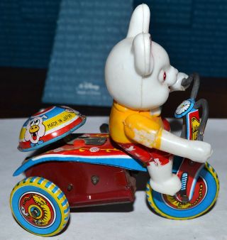 VTG TIN TOY WIND UP BLOW MOLD EASTER BUNNY RABBIT RIDING BIKE BELL RINGS, 3