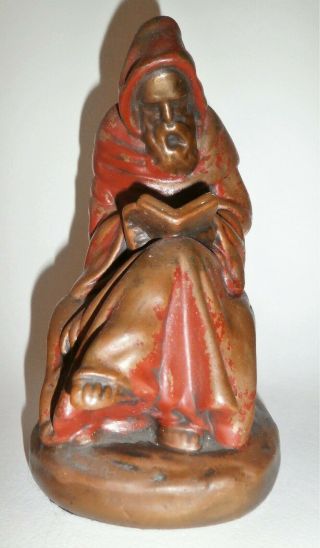 Vintage Galvano Marion Bronze Red Robed Reading Monk Statue Single Book End