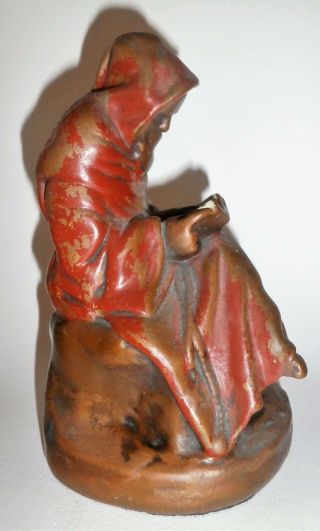 Vintage Galvano Marion Bronze Red Robed Reading Monk Statue Single Book End 2