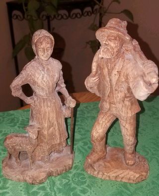 Fine Vtg Hand Carved Black Forest Old Man & Woman Sculptures Folk Art Signed