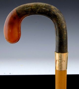 Handsome 1917 Antique English 9k Rose Gold Cow Horn Armorial Walking Stick Cane