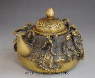 chinese old fengshui pure copper hand - carved Eight immortals statue teapot e01 3