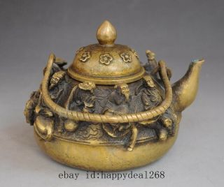 chinese old fengshui pure copper hand - carved Eight immortals statue teapot e01 4