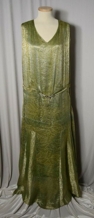 VINTAGE 1920 ' s METALLIC SILVER GREEN DANCE FISHTAIL COUTURE DRESS - LARGER SIZE 2