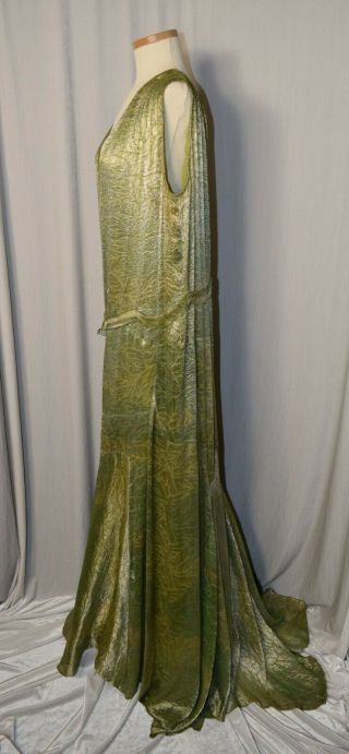 VINTAGE 1920 ' s METALLIC SILVER GREEN DANCE FISHTAIL COUTURE DRESS - LARGER SIZE 3