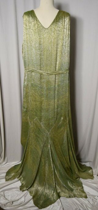 VINTAGE 1920 ' s METALLIC SILVER GREEN DANCE FISHTAIL COUTURE DRESS - LARGER SIZE 4