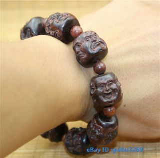 Rare Old Chinese Wood Beads Bracelet Hand Carved Buddha Head Statues