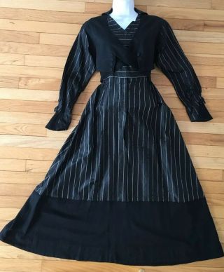 Antique Victorian Gothic Striped Black Silk Taffeta Afternoon Gown Dress C 1900