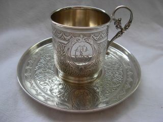 Antique French Sterling Silver Coffee Cup & Saucer,  Late 19th Century.