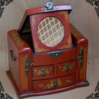 China Antique Wooden Leather Dragon Phoneix Mirror Jewelry Storage Box 6 Lattice