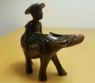 Vintage Wooden Hand Carved Figurine Vietnamese Man Riding Water Buffalo 4
