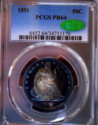 Seated Half 1891 Pcgs Pr 64cac Monster Purple Rainbow So Rare Pq Under Grade