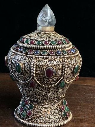 Chinese Antique Tibetan Buddhist Hand - Set Gemstones Tibetan Silver Jar Pots