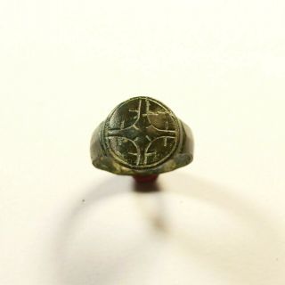 Medieval To Post Medieval Bronze Ring With Cross On Bezel - Wearable Artifact