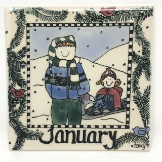 H & R Johnson Ceramic 6 Inch Calendar Tile January Month Signed Nancy Deyoung