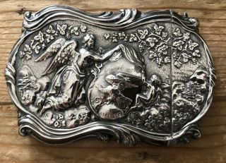 Antique Ornate Sterling Silver High Relief Cherub Angel Eagle Scene Card Case