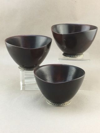 3 Hand Turned Mahogany Wood Bowls With Sterling Bases