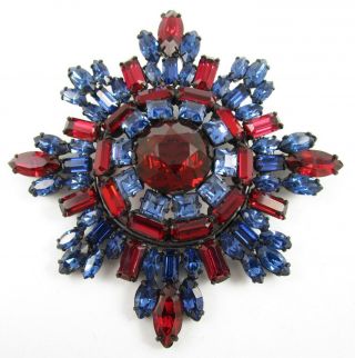 Gorgeous Large Vintage Schreiner Of York Red & Blue Crystal Pin