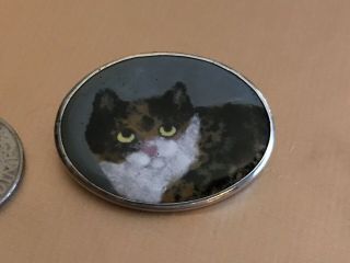 Sterling Silver Cat Pin Brooch Handed Made Signed Ceramic Or Enamel