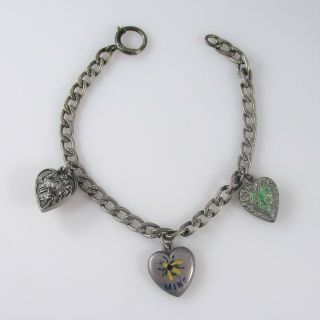 Antique Puffy Heart Charm Bracelet Rare Bee Enamel Leaf Vintage Sterling 7.  5 "