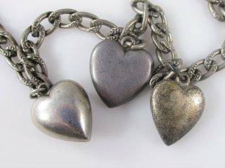 Antique Puffy Heart Charm Bracelet Rare Bee Enamel Leaf Vintage Sterling 7.  5 