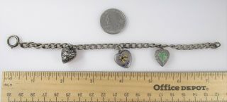 Antique Puffy Heart Charm Bracelet Rare Bee Enamel Leaf Vintage Sterling 7.  5 