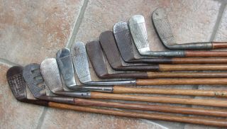 10 Antique Vintage 1920 ' s Hickory Wood Shaft Golf Clubs & Bag Typical Found Cond 8