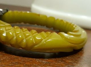 Vintage Bakelite Bangle Bracelet Deep Carved Olive Green Yellow 10