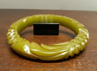 Vintage Bakelite Bangle Bracelet Deep Carved Olive Green Yellow