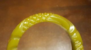 Vintage Bakelite Bangle Bracelet Deep Carved Olive Green Yellow 5