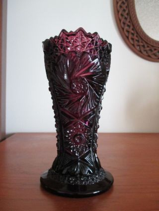 Vintage Cut Glass Ruby Red Vase 6 1/2 " H Signed