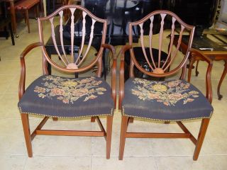 Vintage Hepplewhite Mahogany 2 Arm & 4 Side Chairs W/ Needle Point Seats
