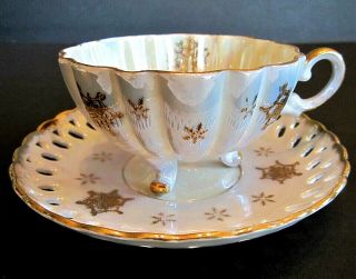 Vintage Lefton Hand Painted Porcelain Lusterware Tea Cup & Saucer