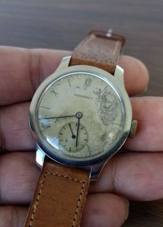 Vintage 1940s Longines Wristwatch.  Coinedge Case.  Patina Dial.  Cal 12.  68z