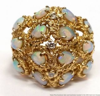 14k Yellow Gold Natural Jelly Opal Diamond Ladies Vintage Mid Century Dome Ring