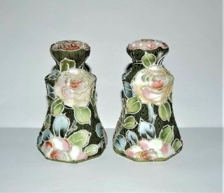 Antique Japanese Porcelain Moriage Black Flowers Vintage Salt & Pepper Shakers
