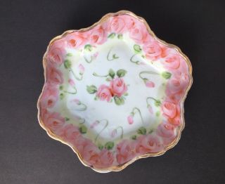 Antique Nippon Hand Painted Candy Dish Or Dresser/vanity Dish 7 - 5/8 " Pink Roses