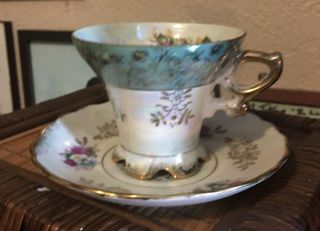 Vintage Tea Cup And Saucer White With Green And Red Roses