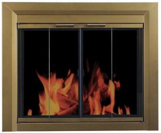 Fireplace Doors Large Tinted Glass Surface Mount Design In Antique Brass Finish