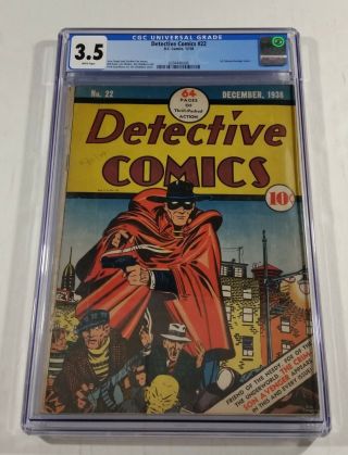Detective Comics 22 Cgc 3.  5 Dc 1938 Crimson Avenger White Pages Rare Htf