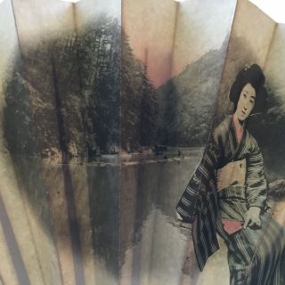 Antique Japanese Hand Fans paper With Kimono Woman Photo 1862 Meiji Ear 7