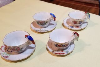 (4/3) Vintage (4) Small Cup & Saucers With Parrot Handle,  Made In Japan