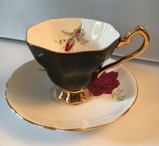 Royal Stafford Tea Cup And Saucer Bone China,  Roses,  Black Teacup,  Gold Trim
