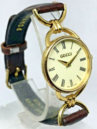 Vintage Gucci 6000.  2.  L Gold Plated Quartz Ladies Watch With Powmax Leather Strap