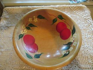 Munising Vintage 11 " Wood Dough Bowl W/hand Painted Cherries - Red Footed Signed