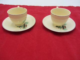 VINTAGE LEIGH WARE POTTED PLANT TEA SET 2 CUPS AND SAUCERS 4